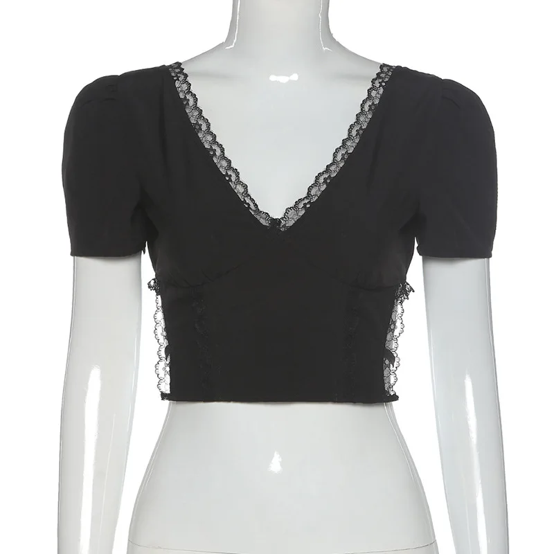 

Deep V Neck Short T-shirt For Women Vintage Clothes Backless Lace up Tshirt Summer Streetwear Female Outfits