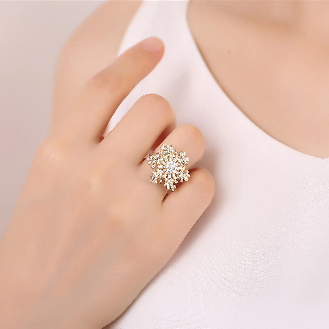 

Big Bling Cubic Zirconia Rose Gold Rings Fashionable Flower Snowflake Rings For Women Jewelry Gift Brincos Luxury Accessories