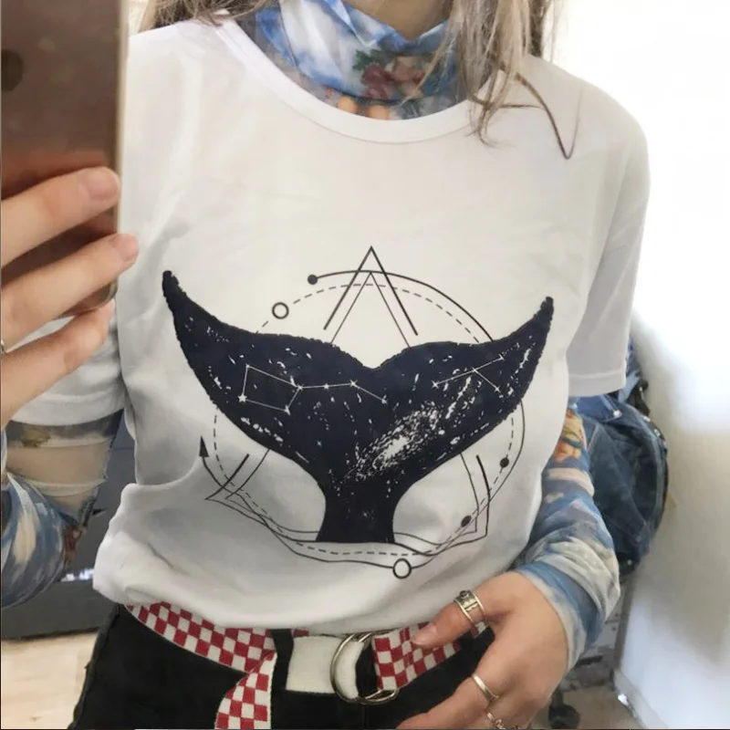 Vintage Vogue Whale Tail Printed Gothic Tshirt Cosmic Belief Harajuku Summer Tops T Shirt Women Vintage Streetwear Vegan T-shirt