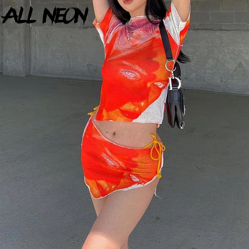 

ALLNeon Summer Fashion Y2K Patchwork Print Co-ord Sets Harajuku Women Short Sleeve Crop Tops and Slit Mini Skirts 2 Piece Suits