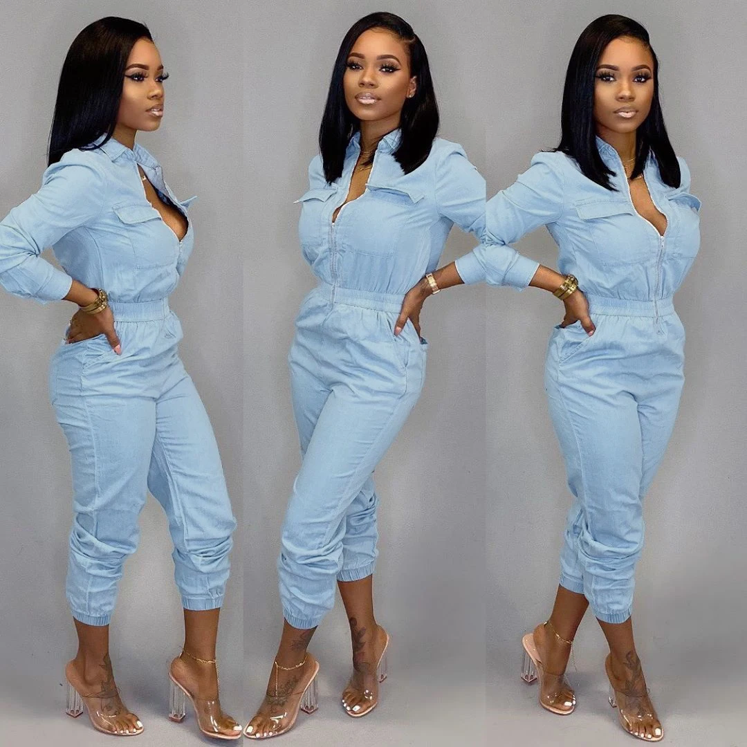 Женский джинсовый комбинезон Wjustforu синий Повседневный Облегающий на молнии 2