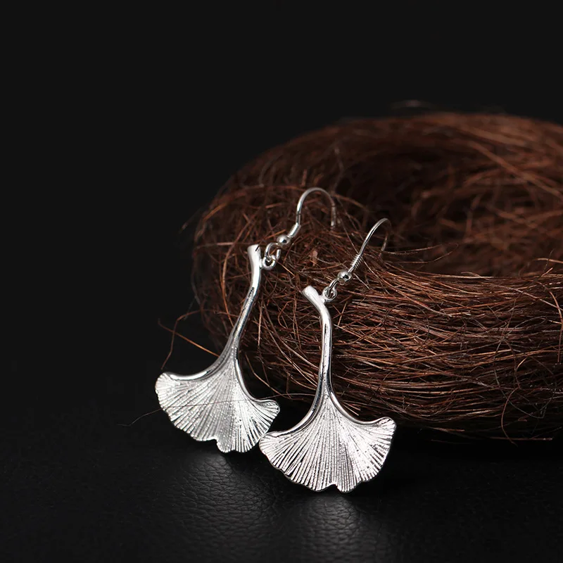 

Ginkgo Leaves Long Drop Earrings Authentic 925 Sterling Silver Accessories For Women High Quality Fashion Lady Gift