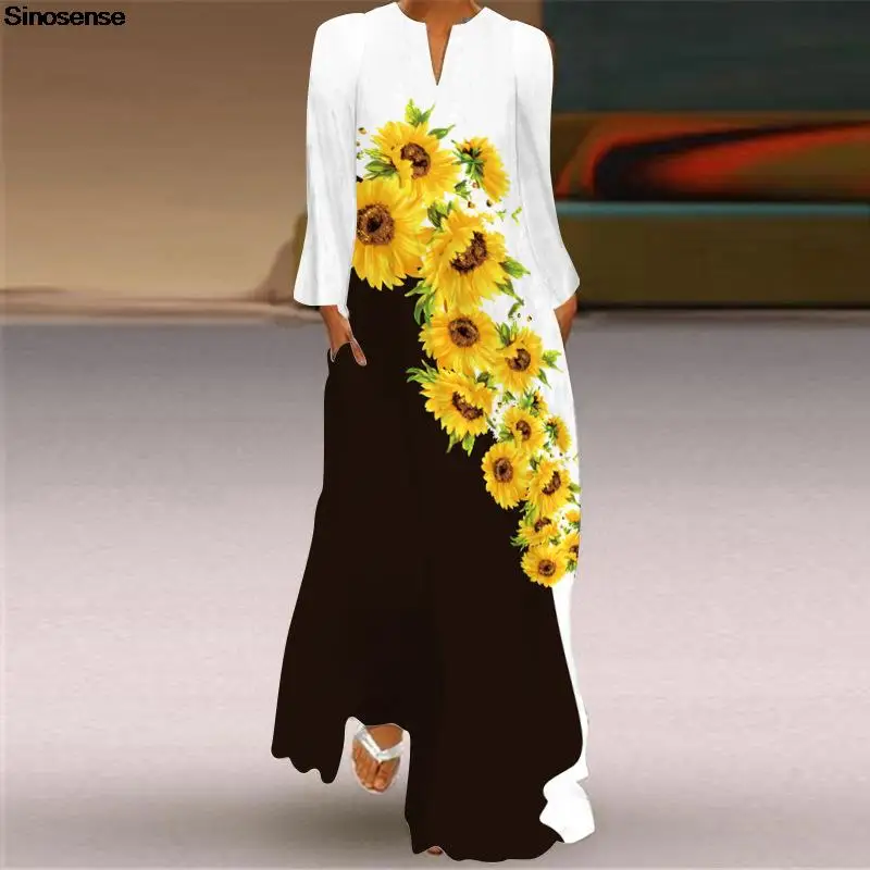 

Женское длинное платье с V-образным вырезом, длинным рукавом и карманами