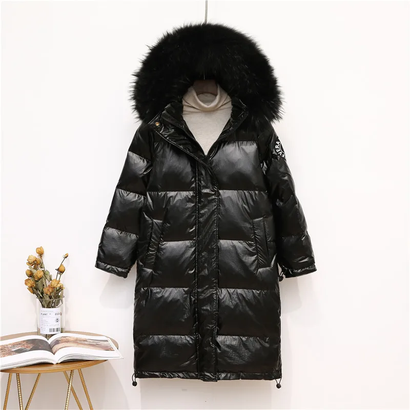black coat black fur Большой воротник из натурального меха енота,, зимняя куртка с капюшоном, Женская длинная парка на белом утином пуху, пальто, женская Свободная Толстая теплая верхняя одежда - Цвет: black coat black fur