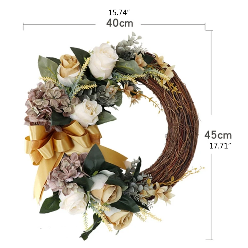 

Artificial Rose With Bowknot Flower Wreath Spring Door Garland Summer for Front Door Window Wedding Hanging Home Decor