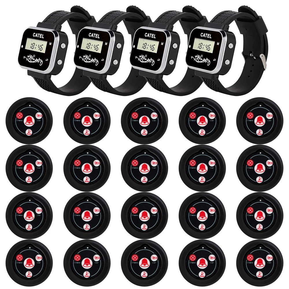 CATEL 433.92mhz Wireless Russian Showing 20 Call Button Transmitter 4 Watch Receiver Pager for Restaurant Calling System Buzzer