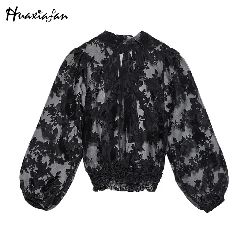 Huaxiafan рубашки из органзы с вышивкой модные женские топы воротником бантом