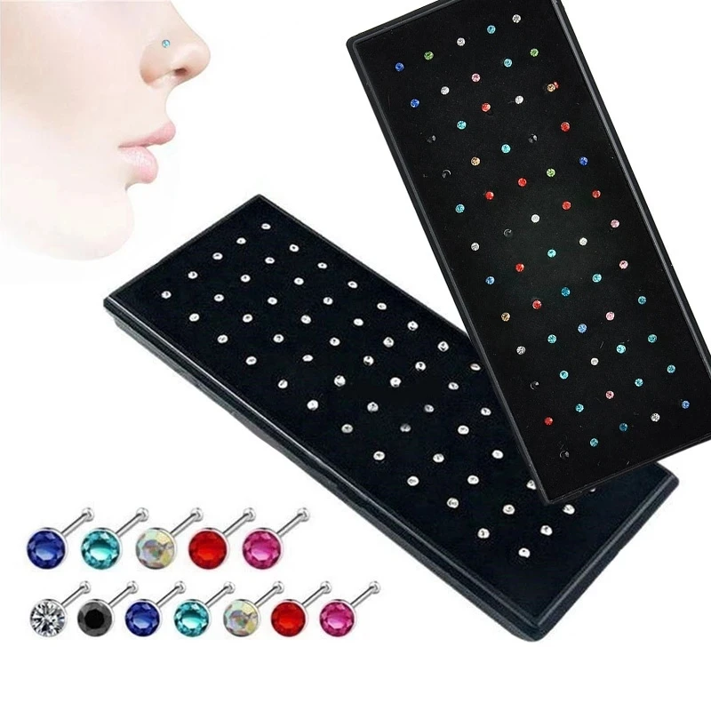 

40/60pcs Stainless Steel Crystal Nose Ring Set Women Surgical Steel Nose Piercing Set Ear Bone Needle Studs Body Jewelry