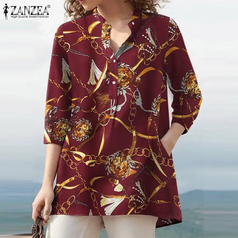 

O-Neck Loose Floral printe Chemise Autumn Women's 3/4 Sleeve Blouse ZANZEA Vintage Bohemian Fashion Casual Elegant Holiday Tops