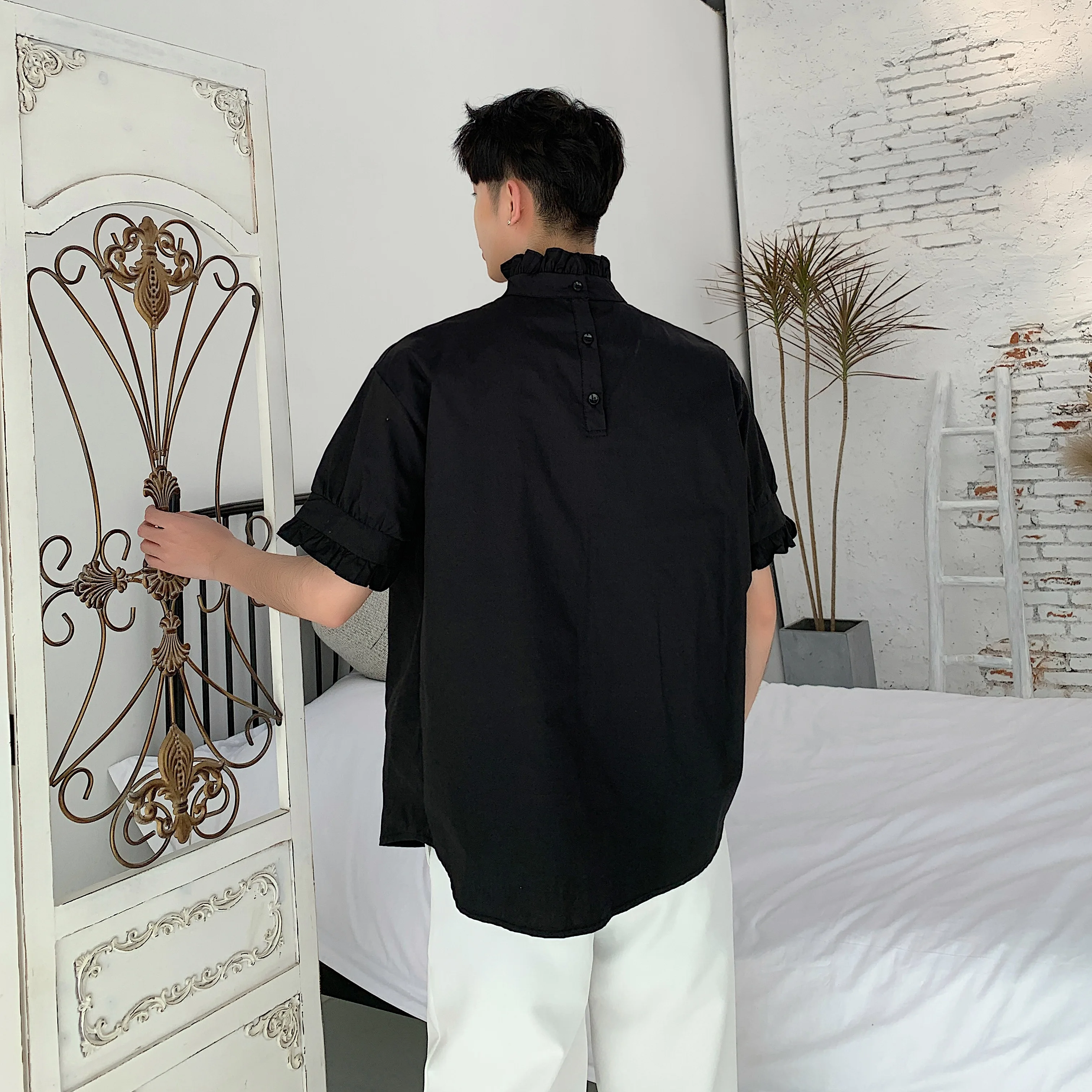 Мужская летняя одежда Свободная Повседневная рубашка с воротником стойкой