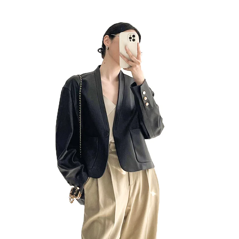 Куртка женская из натуральной овечьей кожи с V-образным вырезом Осень-зима |