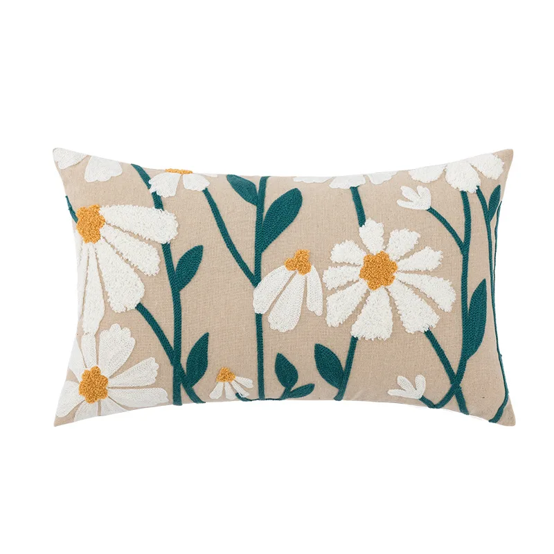 

Daisy Flower Pillowcase Embroidered Lumbar Cover Cotton Sofa Chair Back Cushion Cover Car Home Decoratin green throw pillows