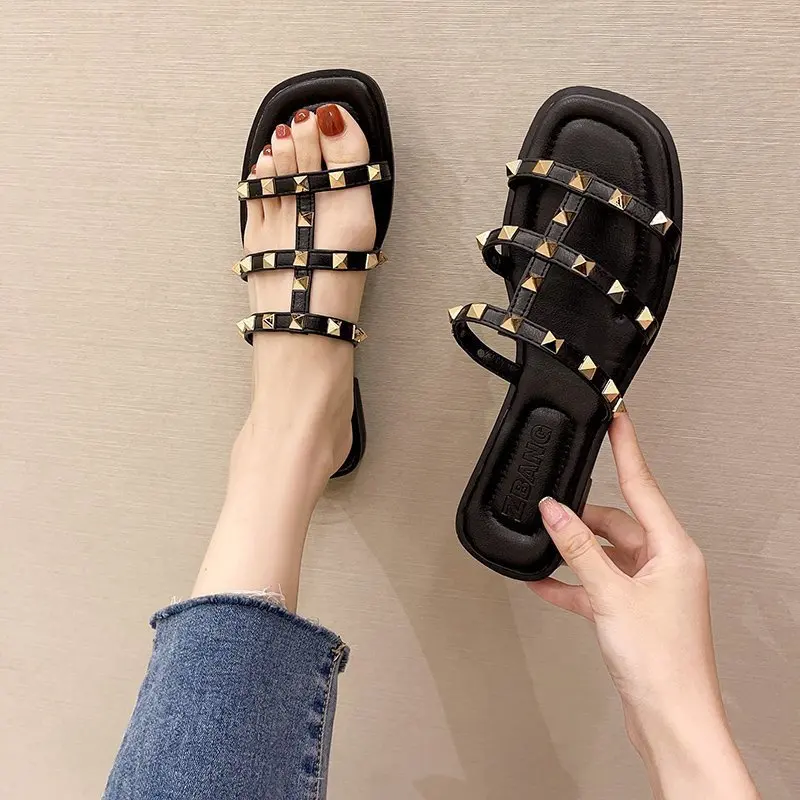 

Flat Slippers Women Shoes Woman 2021 New Summer Slipper Slides Rivet Hollow Open Toe Beach Slippers Solid Casual Shoe Flip Flops