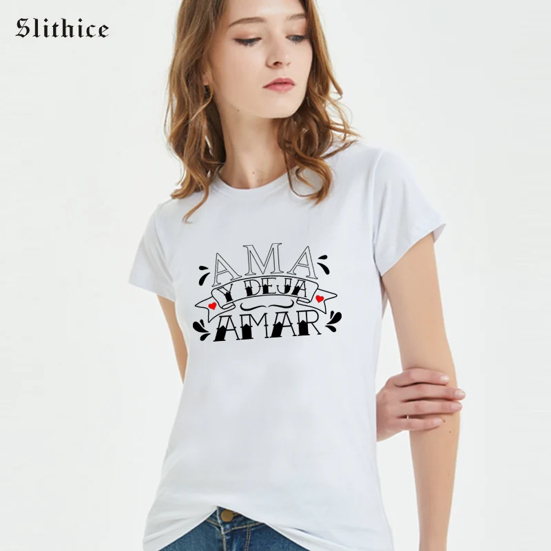 

Модная женская футболка Slithice love and let love, летние футболки, женская футболка с испанскими буквами и принтом
