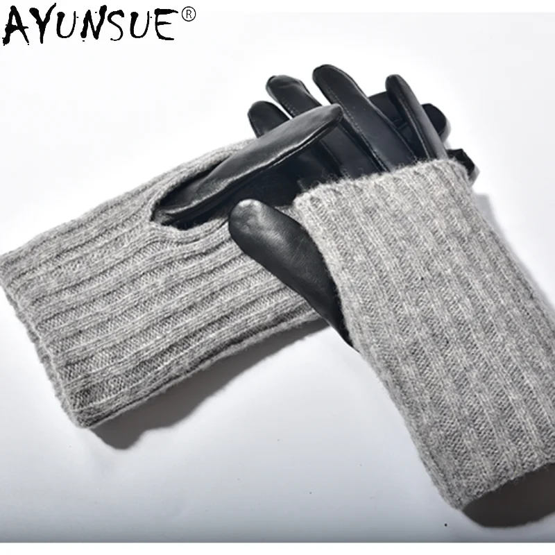 

AYUNSUE Winter Gloves Women Genuine Sheepskin Leather Gloves Knitted Warm Full Fingers Plus Velvet Gloves Driving Guantes SQQ361