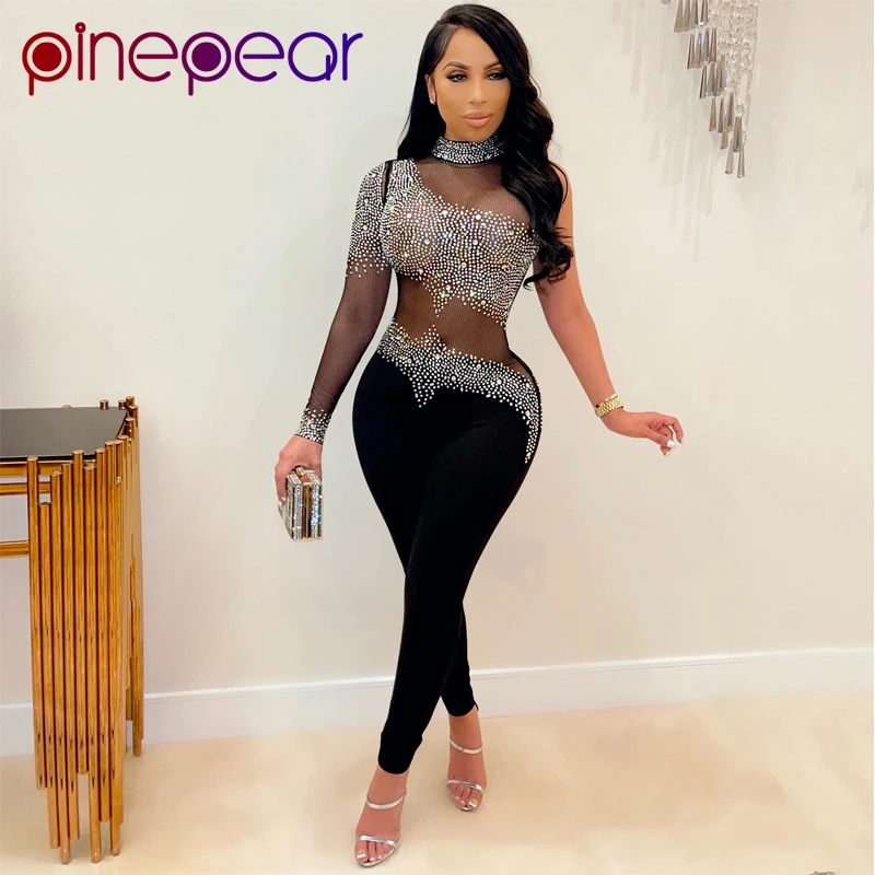 

PinePear Sexy Sheer Mesh Diamonds One Shoulder Backless Night Party Club Jumpsuit Women See Through Romper 2022 Outfits Overalls