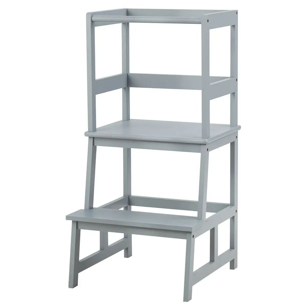 Kids Kitchen Step Stool Wooden Toddler Stand Helper w/ Safety Rail Gray  BB5577GR