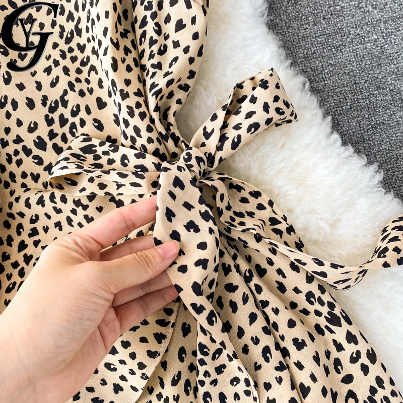 

2021 Sexy Night Club Party Spahgetti Strap Dress Women Vintage Bandage Bow Waist Leopard Dress Vestido De Mujer Robe Sexy Femme