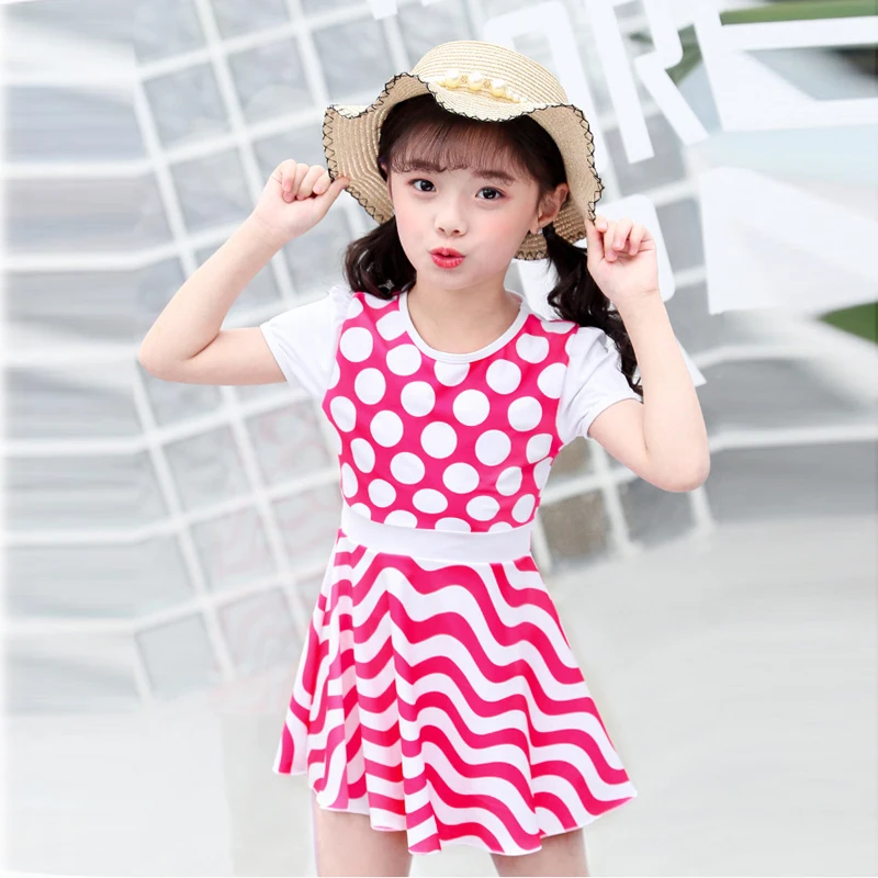

Short Sleeve Dot Wave Girls Swimwear Two Piece Children's Swimsuit With Skirt Swimming Dress For Kids Bathing Suit Beachwear