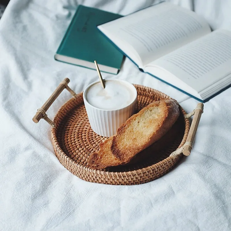 

Handwoven Rattan Storage Tray With Wooden Handle Round Wicker Basket Bread Food Plate Fruit Cake Platter Dinner Serving Tray