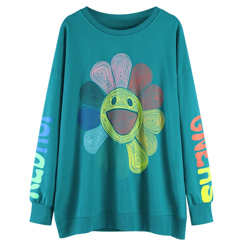 

Spring Autumn Harajuku Sweatshirt Women Rainbow Sunflower Letter Print Sweatshirt Pullover Fashion Round Neck Tops Women 2021
