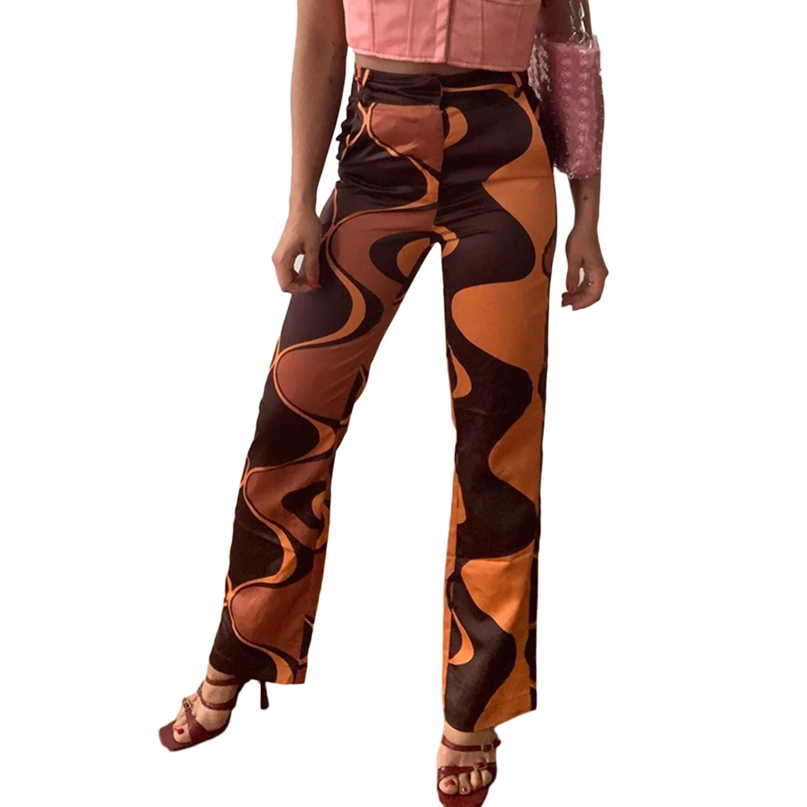 

Women Color Block Trousers Long Pants Adults High Waisted Ripple Print Side Pocket Pants with Belt Loop Fall Spring Clothes