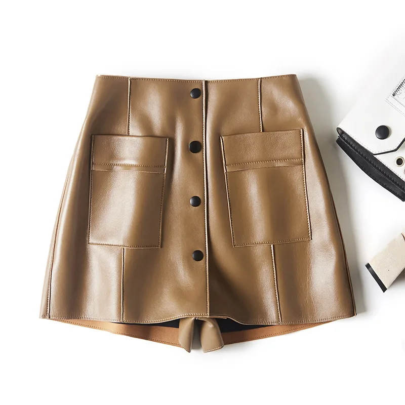 

Genuine Leather Women High Waist Real Natural Skeepskin Pockets Design Office Ladies Mini Shorts Skirt Female Plus Size