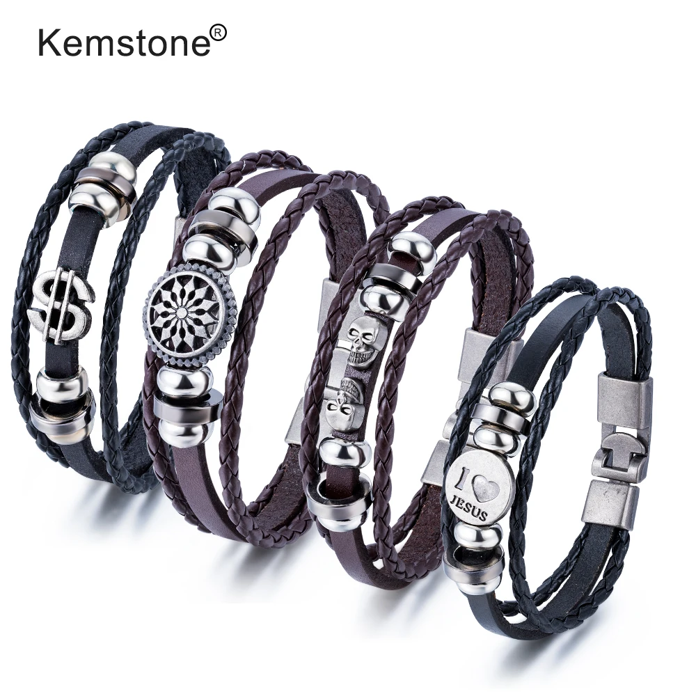 Мужской винтажный браслет с шармом Kemstone коричневый черный из искусственной кожи