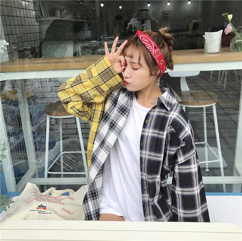 Корейский шик порт вино Ретро клетчатая рубашка свободная Bf с длинным рукавом