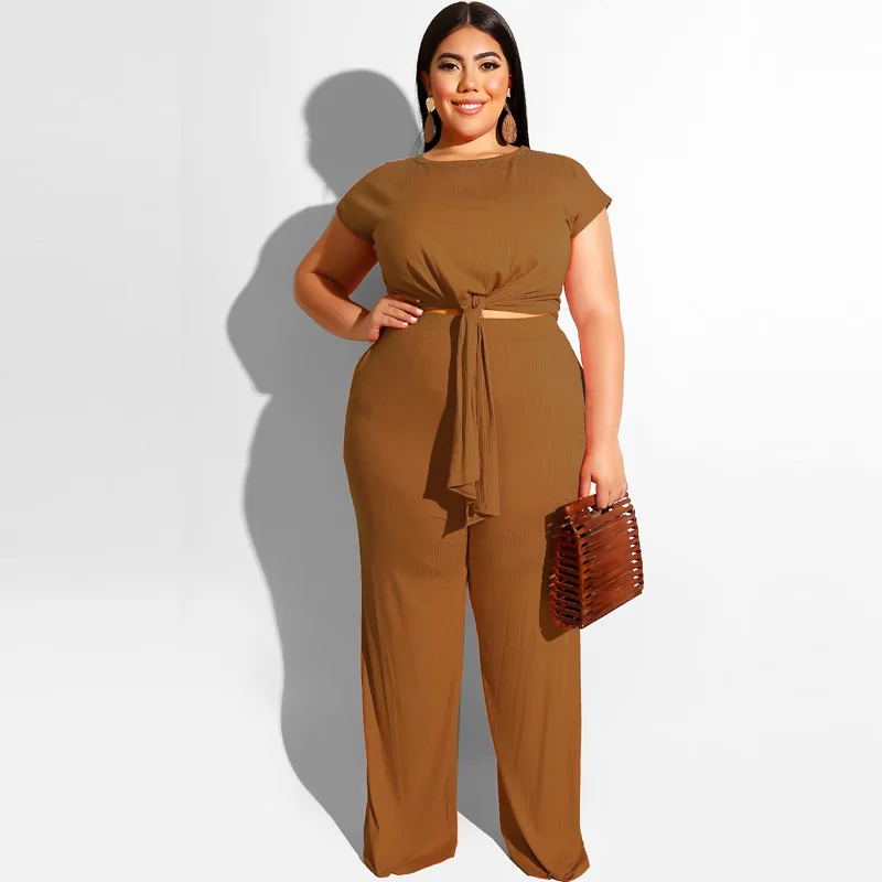 

Женский Повседневный костюм размера плюс, короткий топ с коротким рукавом и прямые длинные брюки, комплект из 2 предметов, ребристые сексуал...