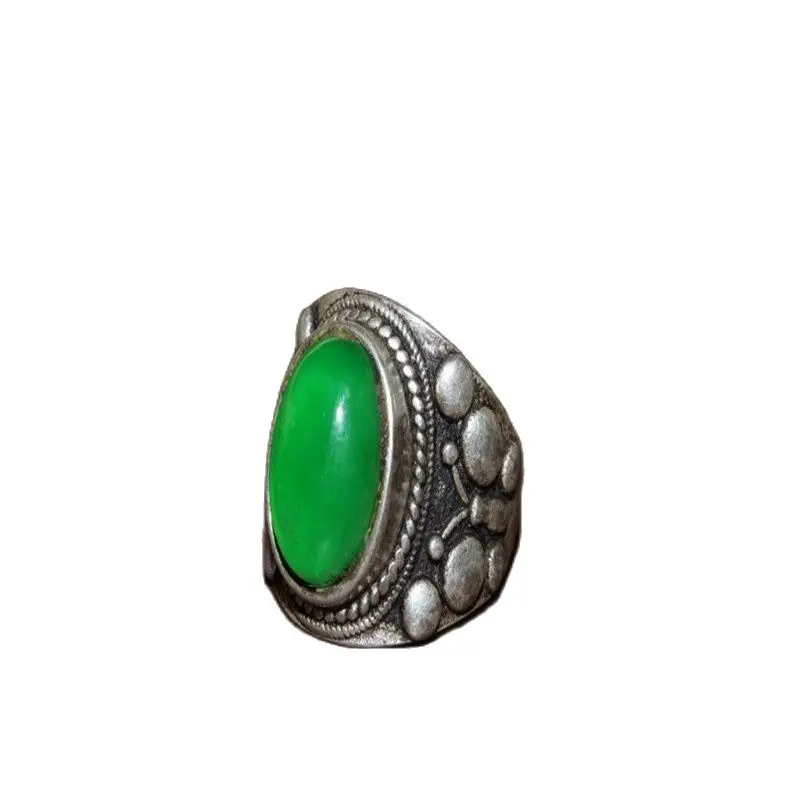 

China Folk Old Tibetan Silver Inlaid With Greenstone Jade Ring
