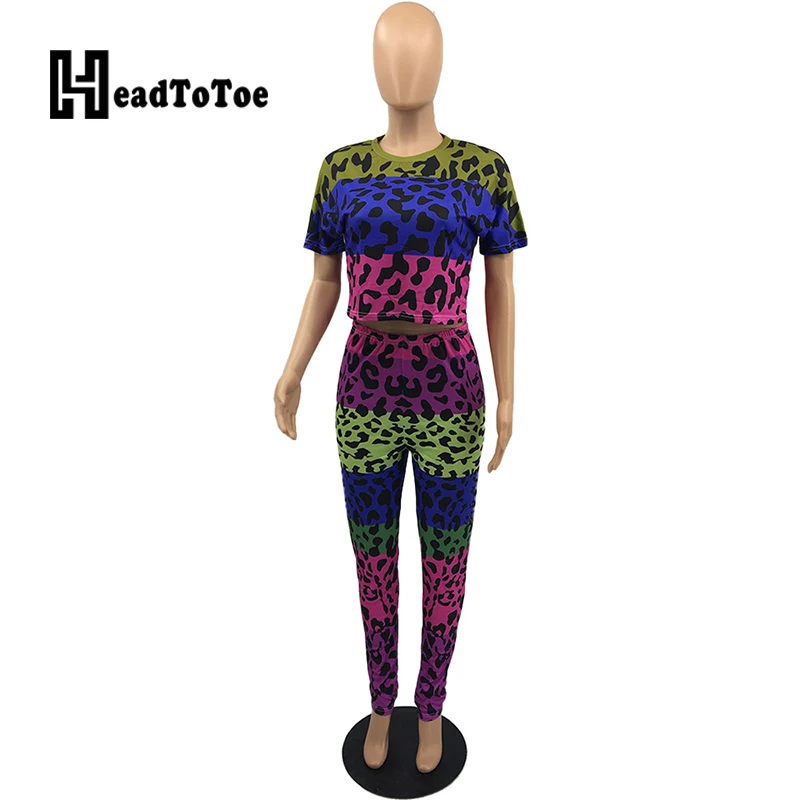 

Leopard Print Casual 2 Piece Set Women Short Sleeve Round Neck Loose Two Piece Outfits Women
