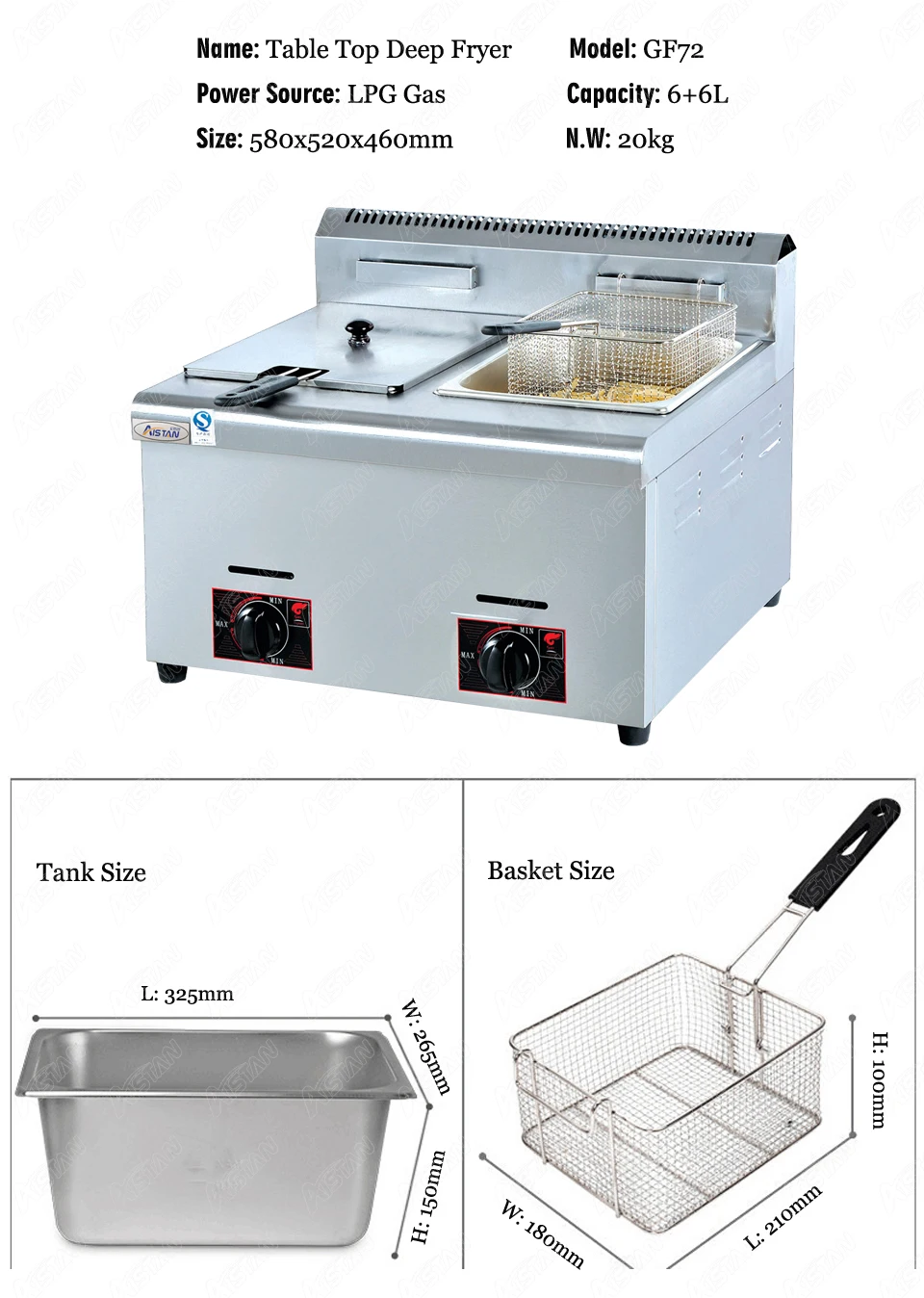 GF71/GF72 Коммерческая газовая фритюрница с одним/двойным резервуаром СНГ из