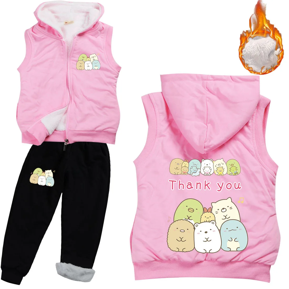 

2021 Winter Girls Fashion Cartoons Sumikkogurashi Kids Hooded Warm Plus Velvet Vest+Trousers 2Pcs Set Baby Boys Casual Tracksuit