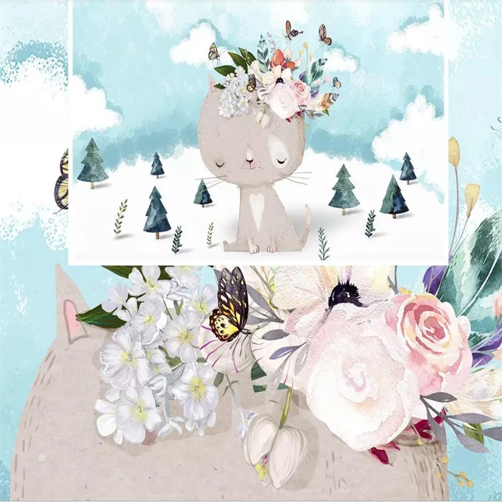 Custom large 3d photo wallpaper Nordic modern cartoon kitten flower children's room background wall decoration cloth | Обустройство
