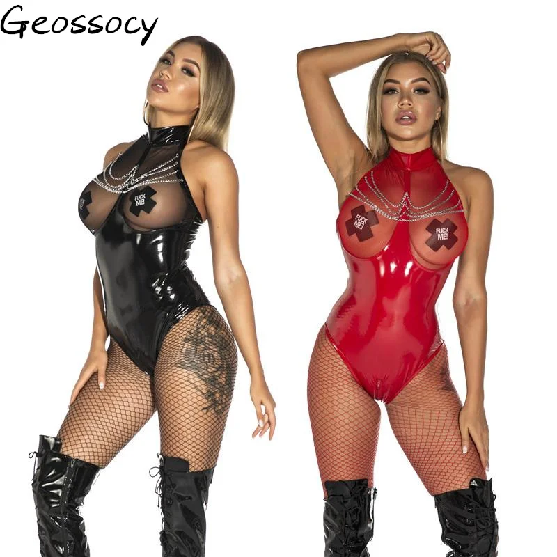 

Plus Size Latex Bodysuit Erotic Sexy Crotchless Latex Catsuit Red Clothing Open Crotch Jumpsuit Patent Leather Lingerie Costumes