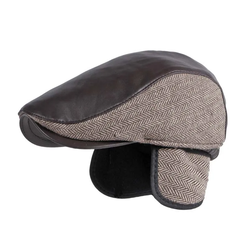 

Winter Beret Hats For Men British Retro Elderly Newsboy Cap Ear Warm Forward Hat Leather Patchwork Cabbie Ivy Flat Cap