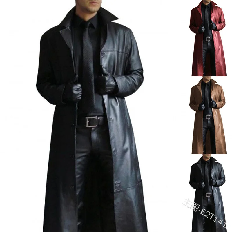 Men'sTrench винтажная средневековая кожаная длинная куртка однотонная двубортная