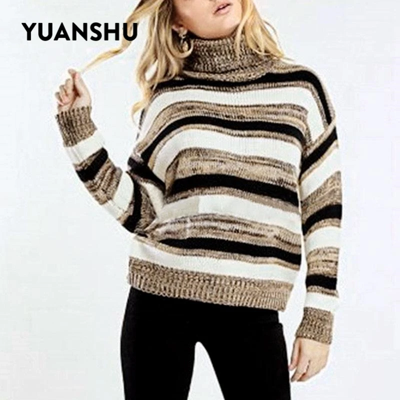YUANSHU Casual Stripe Women Sweater 2019 Autumn Winter Turtle Sweaters Female Warm Knitted Pullover Jumper Fashion Knitwear | Женская