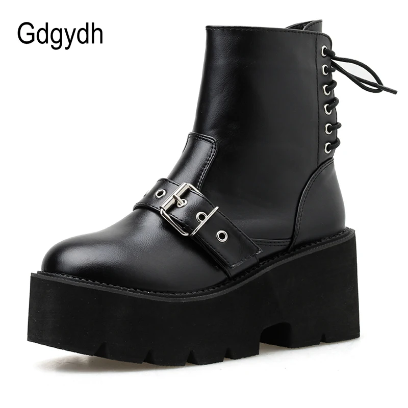 Женские ботильоны с перекрестной шнуровкой Gdgydh черные кожаные на платформе