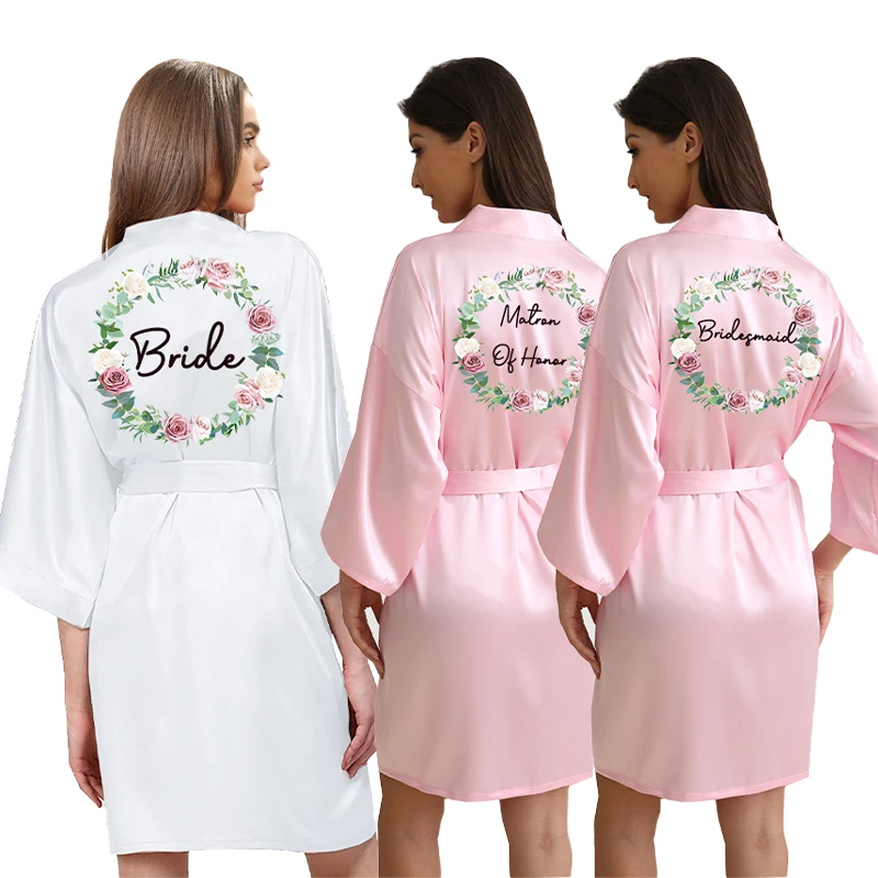 

satin silk robes for women Wedding Bride Dressing Gown Floral Hoop Robe Bridesmaid pink3 color with glitter gold letter robe