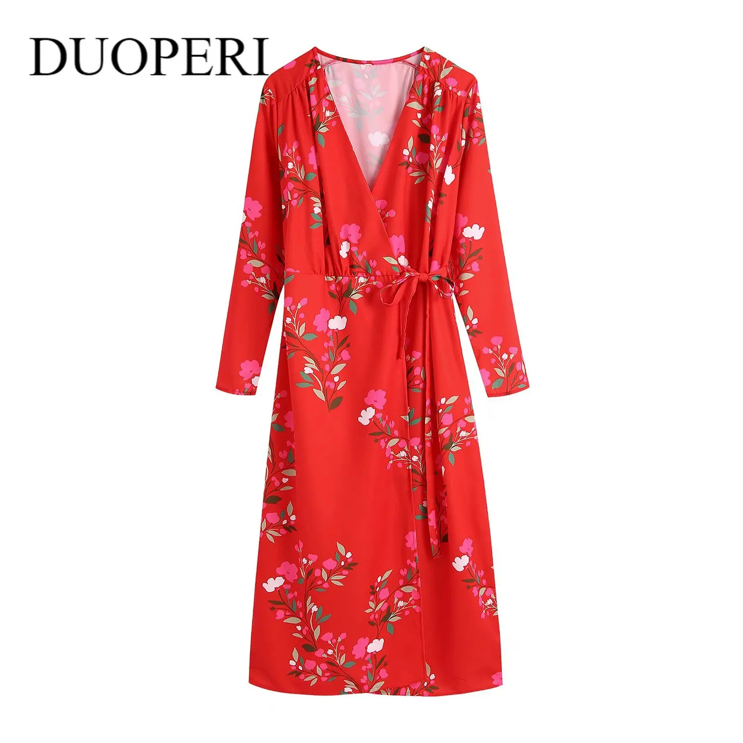 

Платье DUOPERI женское с цветочным принтом, модное винтажное длинное средней длины с поясом, с V-образным вырезом и длинными рукавами, красное