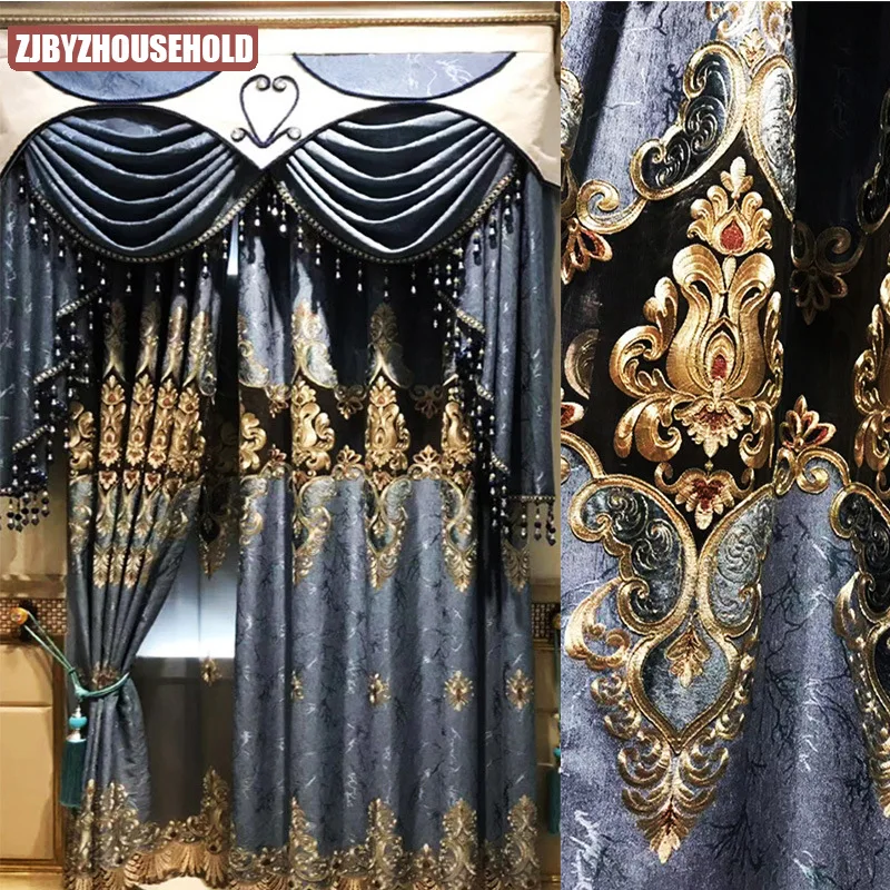 

Europe Palace Blackout Curtains Bedroom Living Room Villa Luxury Retro Blue Door Window Drapes Water Soluble Embroidery Curtain