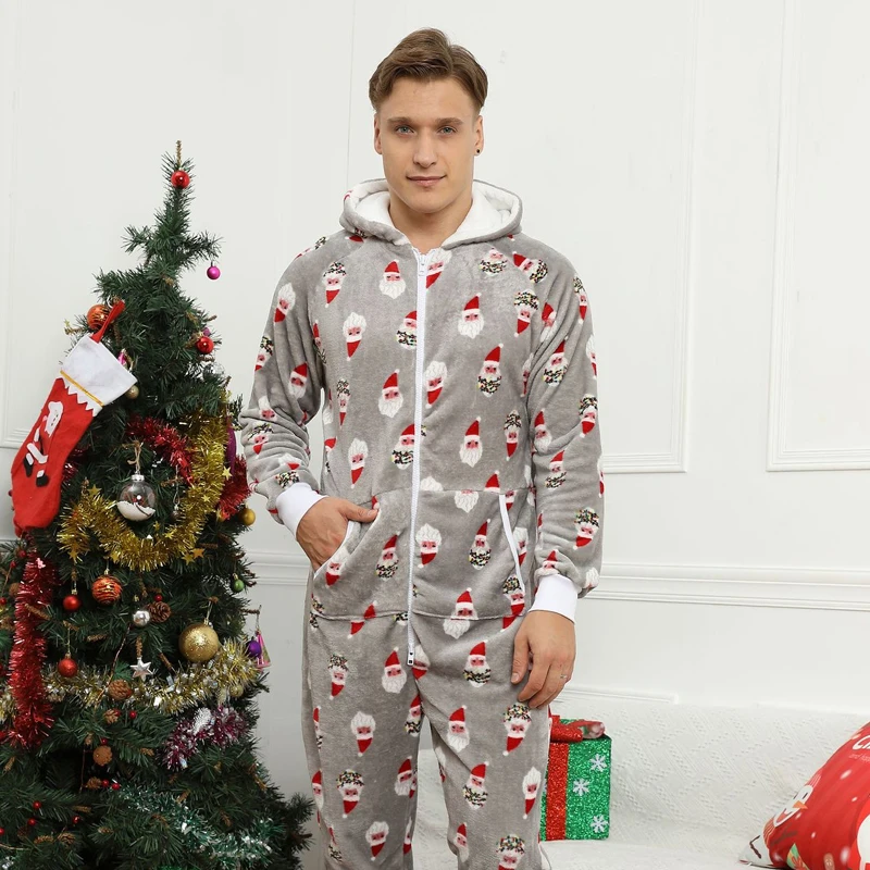 Winter Flannel Warm Sleepwear 2021 New Christmas Print One-piece Men's Pajamas Set Homewear
