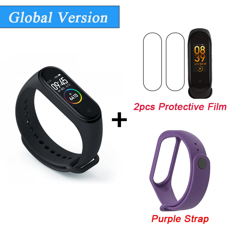 Глобальная версия Xiaomi mi Band 4 Smart mi band 4 водонепроницаемый пульсометр фитнес 135 мАч Bluetooth 5,0 0,9" AMOLED экран - Color: Add 2FilmPurpleStrap