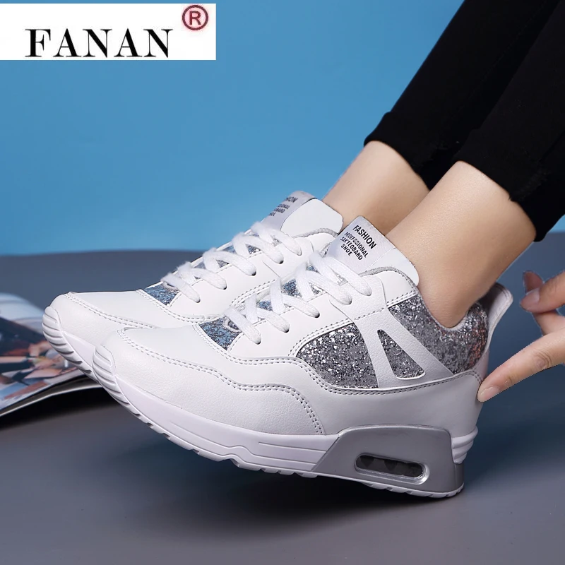

New Autumn 2021 Fashion Height Increasing Women Sneakers Ladies Sequins Lace-up Casual Shoes Breathable Walking Shoes
