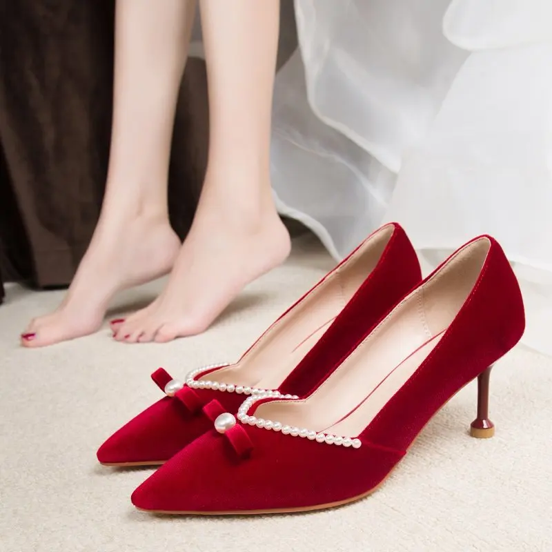 Woman Sexy Red Velvet Pearls Pumps Pointed Toe Thin High Heels Party Wedding Shoes Women Spring Zapatos Lady