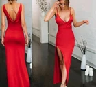 Женское атласное платье с открытой спиной, Красное Длинное эластичное платье для выпускного вечера с глубоким V-образным вырезом и разрезом, бальное платье для вечеринки