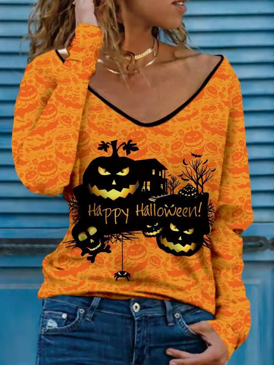 

Fall 2021 multi color print loose v neck long sleeve t shirt for women