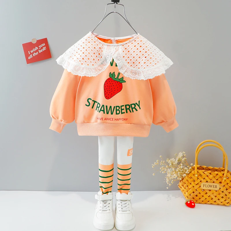 

2022 Spring Autumn New Fashion Stripes Girls Casual Set Kids Strawberry Long sleeve Lace Lapel Sweater Leggings 2-Piece 0-4Years